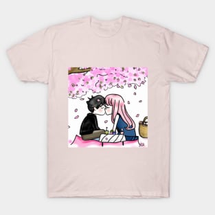 Cute Anime Couple Kissing Under Cherry Blossoms T-Shirt